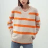 Outlet N.327 Cashmere Blend Stripe V Neck - Citrus Flash Women Knitwear