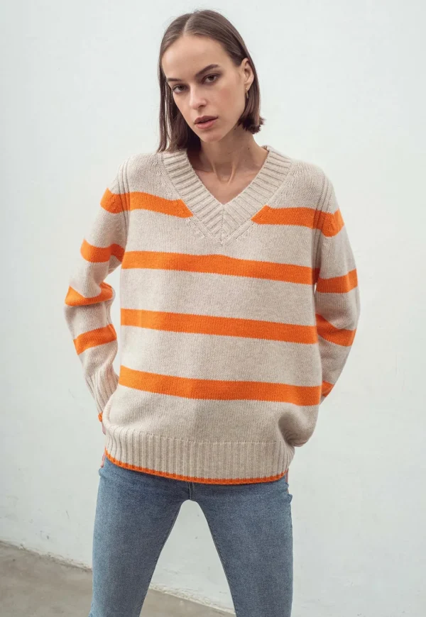 Outlet N.327 Cashmere Blend Stripe V Neck - Citrus Flash Women Knitwear