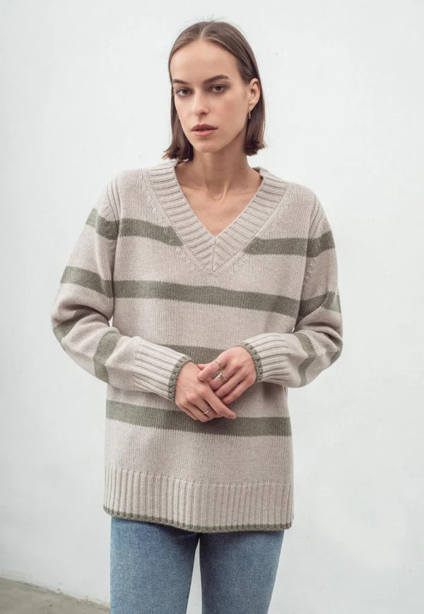 New N.327 Cashmere Blend Stripe V Neck - Woodland Women Knitwear