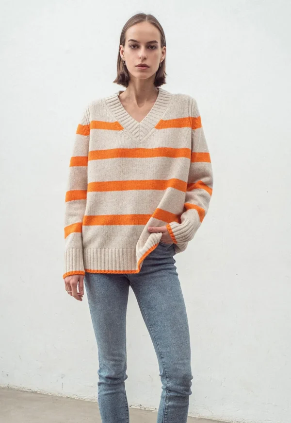 Outlet N.327 Cashmere Blend Stripe V Neck - Citrus Flash Women Knitwear