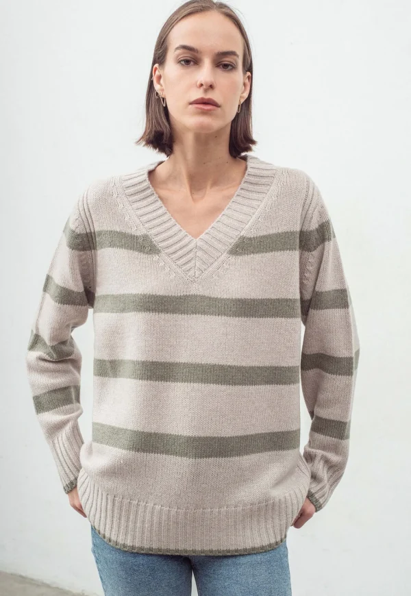 New N.327 Cashmere Blend Stripe V Neck - Woodland Women Knitwear