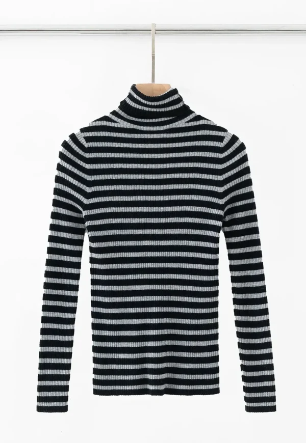 Hot N.32 Cashmere Skinny Rib Polo - Black/Light Grey Women Tops & Tees | Knitwear