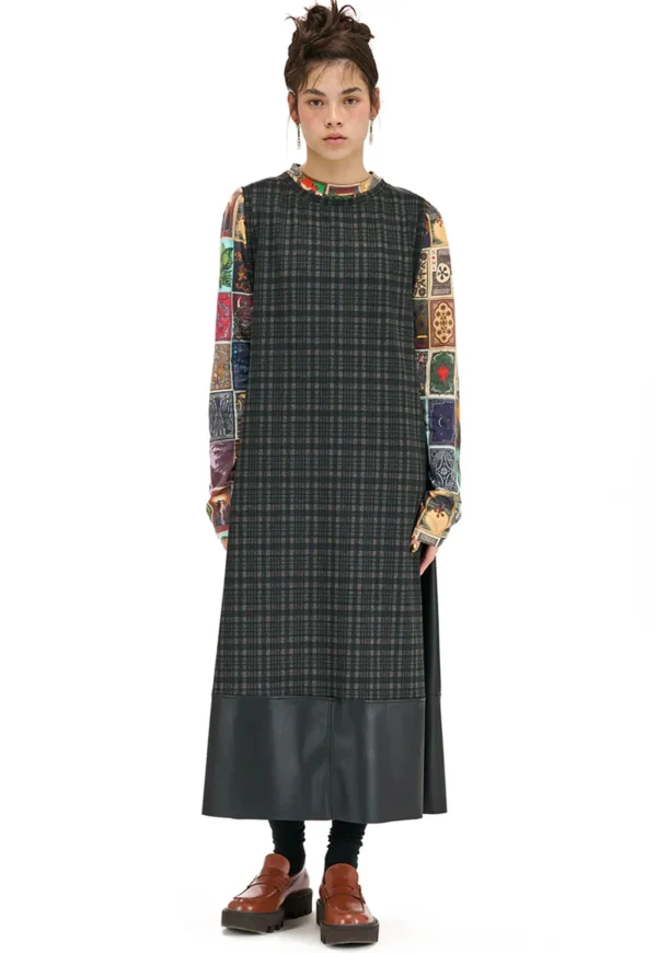 Online Optional Dress - Pleather Brown Check Women Dresses