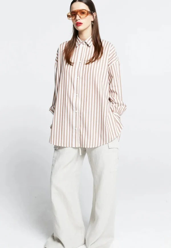 Fashion Oversized Walker Shirt - Rose/Coffee Stripe Women Tops & Tees