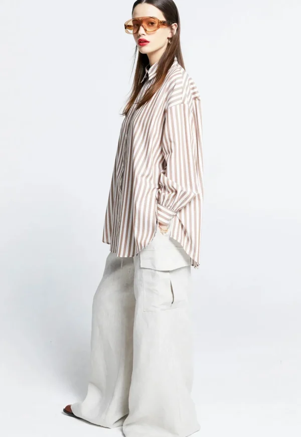 Fashion Oversized Walker Shirt - Rose/Coffee Stripe Women Tops & Tees