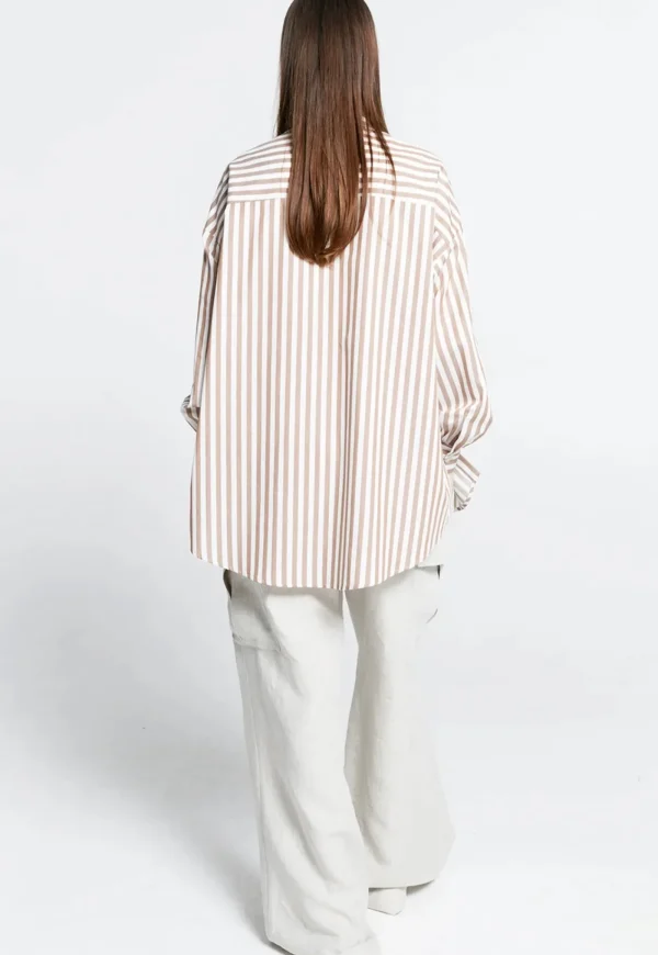 Fashion Oversized Walker Shirt - Rose/Coffee Stripe Women Tops & Tees