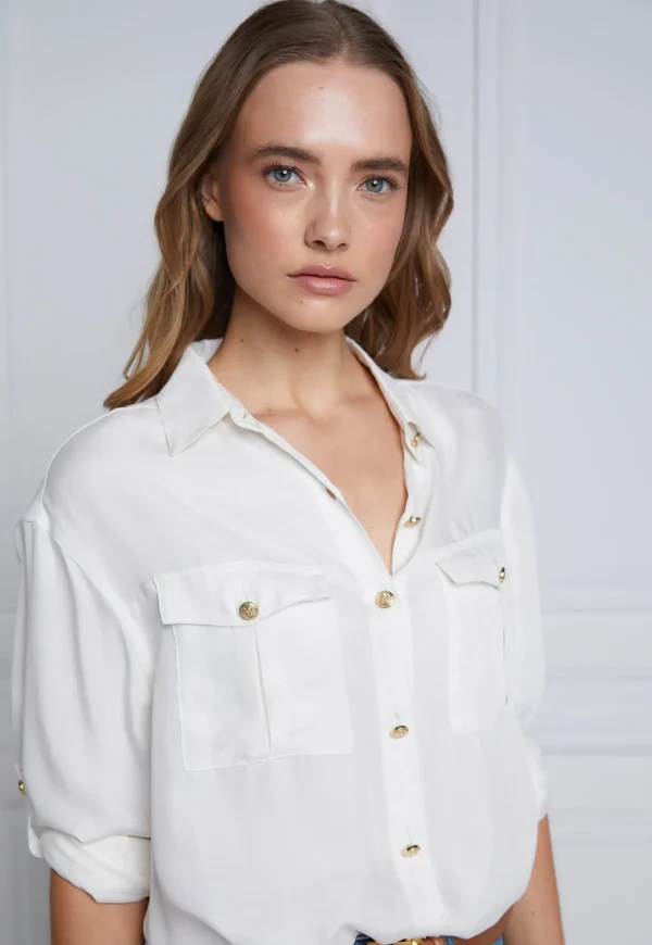 New Relaxed Fit Military Shirt - Cream Women Tops & Tees