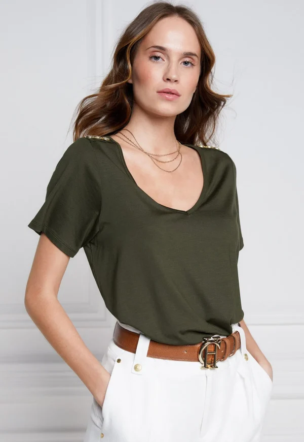 New Relaxed Fit V Neck Tee - Khaki Women Tops & Tees