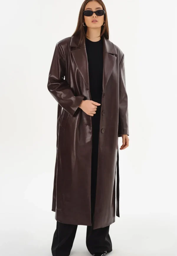 New Sarita Recycled Leather Maxi Coat - Mahogany Women Coats